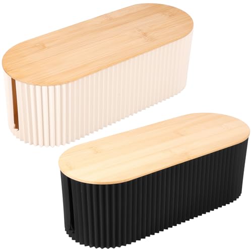 2Pcs Cable Management Box, 13 × 5.12 × 4.33 inch Plastic Cord Hider Box with Wood Lid, Hidden Storage Cord Organizer Box, Ample Internal Space Power Strips Cover Easy Access for Home Office