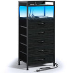 Furnulem Night Stand with Charging Station, Tall Black Dresser for Bedroom, Nightstand with Led Light, Bed Side Table for Living Room, Fabric Storage Drawer, Metal Frame, Wood Furniture - color: Black Oak, style: 5 Drawer