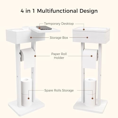 Wealone 4-in-1 White Toilet Paper Holder Stand with Storage Shelf Box, Bamboo Free Standing Toilet Tissue Roll, Toilet Wipes Dispenser Organizer, Temporary Desktop for Bathroom (Patent Protection) - color: White