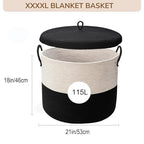 21" x 18"Extra Large storage baskets,Eco-friendly rope baskets with lid,blanket basket living room with lid,hampers for bedroom,big,round, Black 115L - color: White & Black