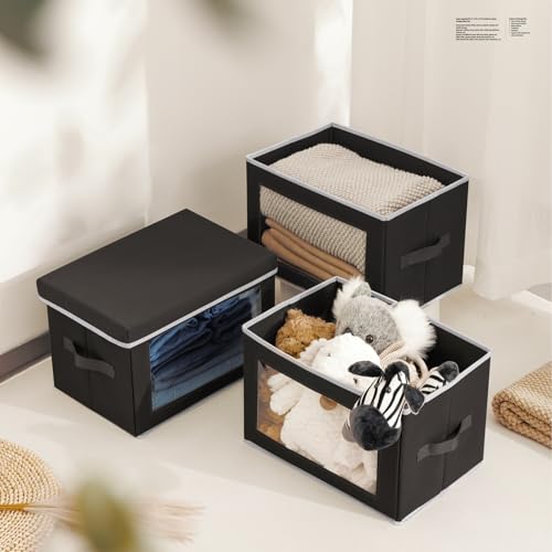 Homsorout Storage Boxes with Lids, Collapsible Storage Bins with Handles, Closet Storage Baskets with Window, Fabric Storage Containers for Organizing Clothes, Towels, Books, 3 Packs, Black - color: Black, size: L(3-Pack)