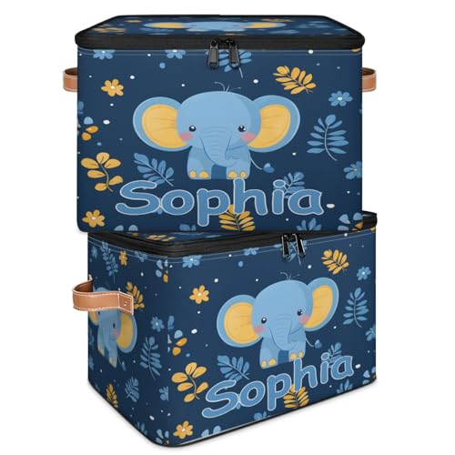 Custom Storage Basket with Name, Personalized Storage Bins with Zipper Lid, Foldable Fabric Storage Box Large capacity with Handle Elephant Flower Leaves - color: Option 19