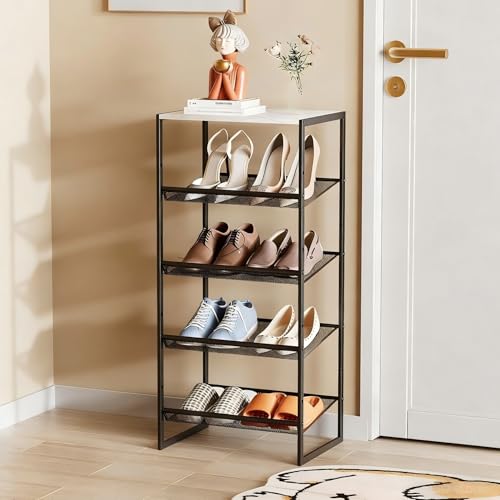 Garden 4 you Shoe Rack for Closet Narrow 5 Tiers, Small Shoe Rack with White Wooden Tabletop, Adjustable Metal Shoe Shelf for Closet Entryway Hallway Living Room - color: White, size: 5-Tier