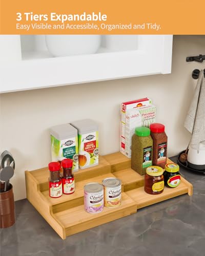 VenDotbi Spice Rack, 3-Tier Expandable Bamboo Spice Rack Organizer for Cabinet - Kitchen, Pantry and Cupboard Storage Organizer - color: Bamboo