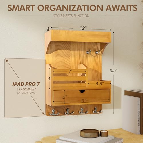 Modern Farmhouse Key Holder Wall Mount with Drawer Organizer – Pine Wooden Mail and Key Organizer with 6 Durable Hooks & Floating Wall Shelf – Ideal for Brightening Up Your Home Decor (Light Brown) - color: Light Brown, style: Large Drawer