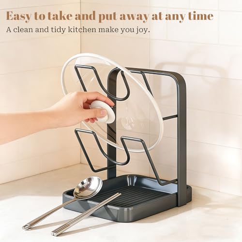 304 Stainless Steel Kitchen Pot Lid Storage Rack, Pot Lid Holder while Cooking, Pot Lid Organizer with Removable Tray & Spoon Rest,Waterproof & Rustproof (Beige, 1 Layer) - color: Beige, size: Single