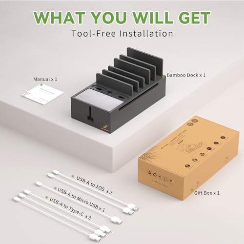 Pezin & Hulin Natural Bamboo Cable Management Box, Wire Organizers for Cords, Charge Station Box, Desktop Dock Organizer Rack for Electronic Device (Include 6 Cables)(No Power Adapter) -Black - color: Black (No Charger)