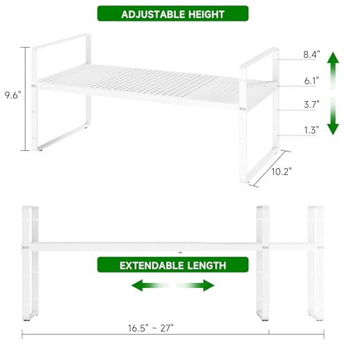 Expandable Kitchen Cabinet Shelf Organizer Rack Heavy Duty Metal Spice Rack Stackable Counter Storage Shelf for Kitchen Cabinet Pantry Bathroom (White - 16.5"-27" L x 10.2" W x 9.6" H - 1Pack) - color: White - 16.5"-27" L X 10.2" W X 9.6" H - 1pack