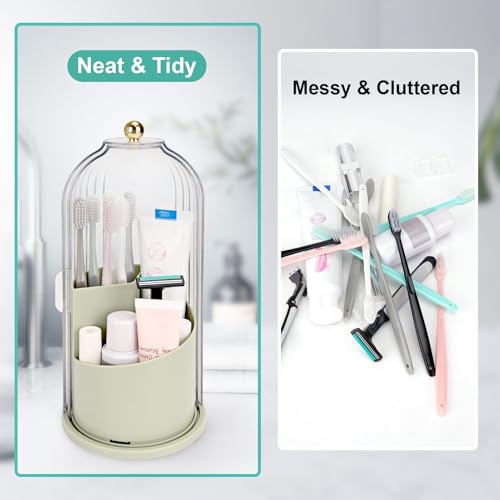 QIYVLOS Toothbrush Holders with Sliding Lid, Rotating 3 Slots Bathroom Organizer Countertop, Tooth Brush Toothpaste Holder Bathroom Counter Stand Sink Organizer Caddy for Makeup Brushes Holder (Green) - color: Green+transparent