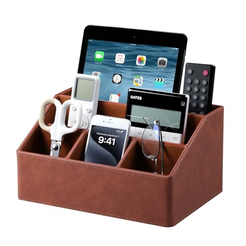 Remote Control Holder with 5 Compartments for Office Art Supplies, PU Leather Nightstand Organizer Pencil Pen Desk Caddy for Home, Desktop TV Remote Control Organizer Storage (Brown) - color: Brown