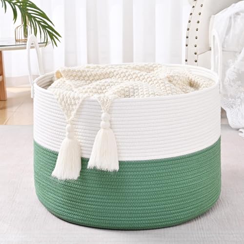 Extra Large Toy Basket, 20"x13" Kids Toy Storage for Playroom Classroom Nursery, Woven Rope Blanket Basket with Handles, Stuffed Animal Organizer & Dog Toys Basket, Green - color: Green - Wide