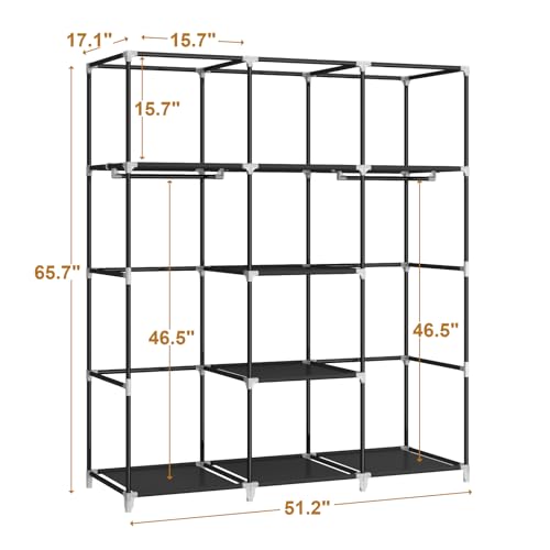 MOGELAFOO Portable Closet Wardrobe, 51-Inch Clothes Organizer with 2 Hanging Rods and 8 Shelves, Non-Woven Fabric Cover, Medium Capacity Storage for Bedroom and Living Room, Black - color: Black, size: 51"W x 18"D x 66"H