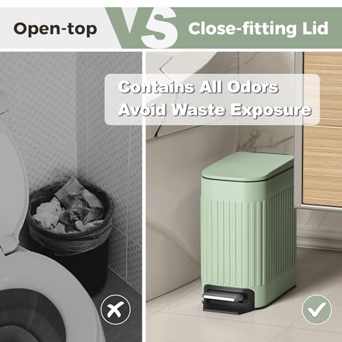 TrashAid Slim Bathroom Trash Can with Lid Soft Close, 6 Liter/1.6 Gallon Stainless Steel Small Garbage Can with Removable Inner Bucket, Step Pedal, Slim Wastebasket for Toilet, Office, Bedroom, Green - color: Green
