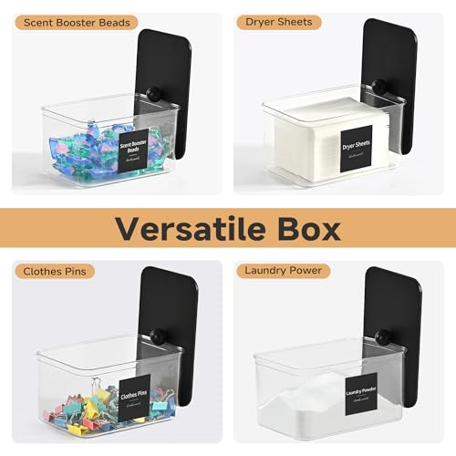Glass Laundry Pods Container & Acrylic Dryer Sheet Holder with Balck Bamboo Knobs Lids, Scoops & Labels | Premium Laundry Room Organization and Storage for Detergent Pods, Powder, Dryer Balls & Beads - color: Black Cap with handle