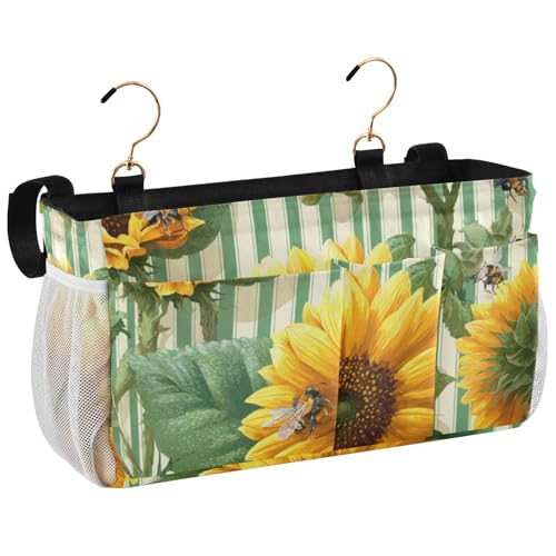 Bedside Caddy Metal Frame Hanging Organizer Bunk Bed Dorm Accessories Hook And Loop Storage Bag Large Pockets Green Striped Sunflowers and Bees - color: Green Striped Sunflowers and Bees