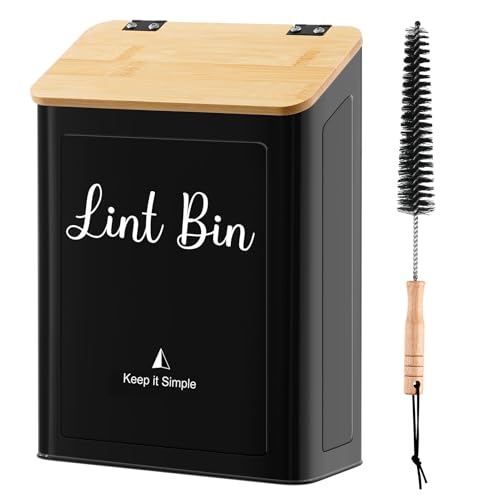 SUBEKYU Metal Magnetic Lint Bin for Laundry Room, Wall Mounted Lint Box Holder with Lid for Dryer,Laundry Room Organization and Storage,Bamboo Lid Lint Basket,Black - color: Black