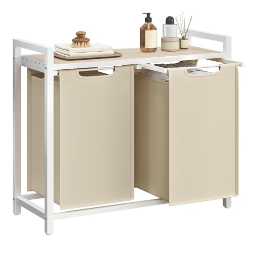 VASAGLE Laundry Hamper, Laundry Basket Sorter with 2 Pull-Out and Removable Bags, Shelf, Metal Frame, 2 x 12.1 Gallons (46 L), 28.8 x 13 x 28.4 Inches, Cappuccino Beige and Natural Beige UBLH201LH01 - color: Cappuccino Beige + Natural Beige, size: 2 Bags