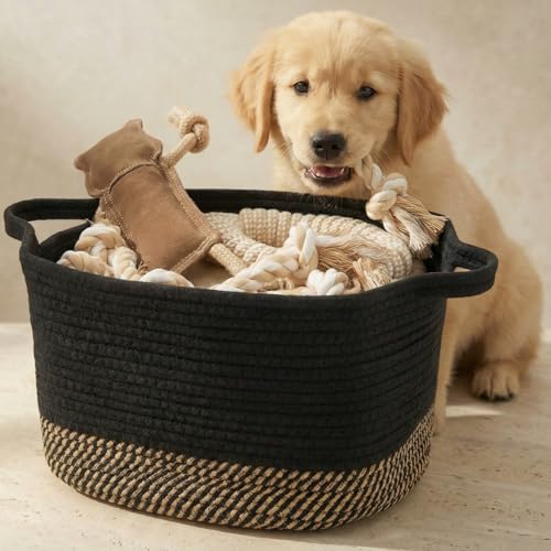 Stylish Cotton Rope Storage Basket For Dog Toys, Magazines or Books - The Perfect Woven Bin with Handles For Everyday Organization Reduces Clutter in Your Rooms - A Decorative Gift & Storage Box - color: Black