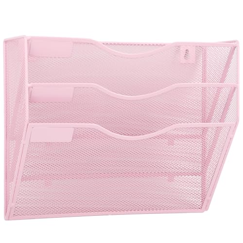 EASEPRES 3 Pocket Mesh Hanging Wall File Organizer, Wall Mounted Mail Paper Document Folder Holder, Clipboard Storage Organization Magazine Rack with Nametag Label for Office Home School, Pink - color: Pink, size: 3 Tier