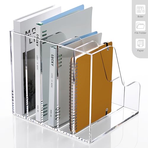SANRUI Acrylic Desk Organizers, Clear Magazine File Holder, 5 Vertical Compartments A4 Folder Binder Holders Sorter, Office Desktop Workspace Organization Storage Rack for Office Home School - style: A4 5-Sections File Holder