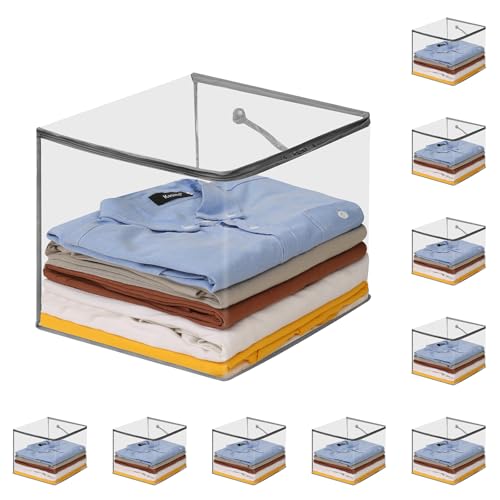 10 PCS Clear Zippered Storage Bags with Handles,Sweater Storage with Two-way Zipper,Foldable Closet Organizer Bed Sheet Organizer,Cube Plastic Organizer,Bag,Bin,for Clothes,Towel-GY - color: Grey, size: 11.81*11.81*11.81 inches