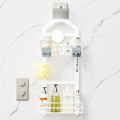 Orimade Adjustable Anti-slip Shower Caddy over Shower Head, Rustproof Bathroom Hanging Shower Organizer with 2 Hooks for Razor, No Drilling Shelves Storage Rack 2 Tier, White - color: White - 2 Tier