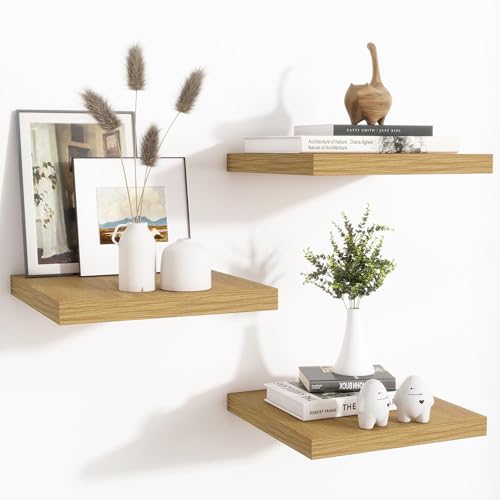 Fun Memories Floating Shelves for Wall - 12 Inch Square Shelves with Invisible Brackets, Small Wall Shelf for Living Room, Bathroom, Bedroom, and Kitchen Decor Set of 3 - color: Oak, size: 12"W x12"D - 3P