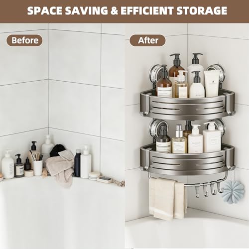 Corner Shower Caddy,Suction Cup Shower Bathroom Wall Shelf,No Drill Rust Proof Aluminum Organizer with Hooks,Floating Rack for Inside (Suction Cup Corner Shower Caddy,2 Tier,Gray) - style: Suction Cup Corner Shower Caddy ,2 Tier ,Gray