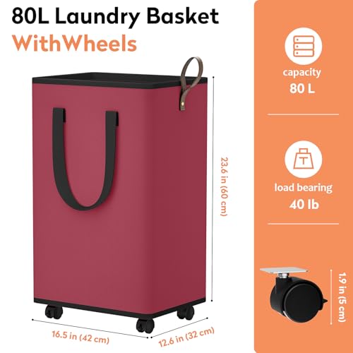 SpaceTrove Laundry Basket with Wheels, Collapsible Laundry Baskets, Laundry Hamper with Handles Detachable Wheels, Rolling Laundry Basket, Dirty Clothes Hamper for Bathroom, Dorm, Bedroom, Red, 80L - color: Red, size: 80L