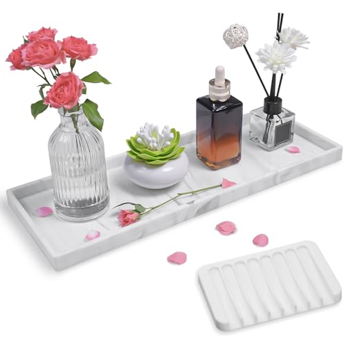 Bloss Bathroom Counter Marble Tray and Soap Holder - 15.7x5.9 inch Silicone Bathroom Vanity Trays, Marble Tray for Kitchen Counter, Toilet Tank Tray,Trays for Perfume, Jewelry,Candle, Key - color: Marble White, size: 15.7" x 5.9" x 0.9"