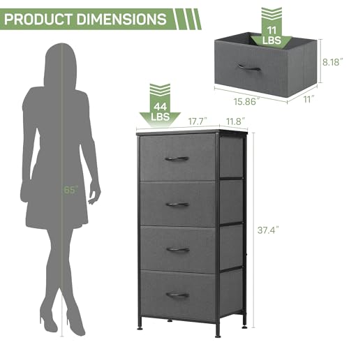 Dresser for Bedroom, 4 Storage Drawers, Anti-Tip Tall Fabric Closet Chests Organizer Tower Furniture with Wooden Top Metal Frame for Clothes, Living Room, Hallway, Entryway - color: Grey, size: 11.8"D x 17.7"W x 37.4"H (4 Drawers)