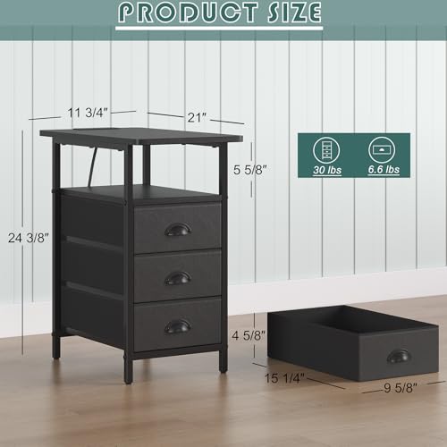 sthmec End Table with Charging Station, Side Tables Livingroom with USB Ports and Outlets,Narrow Nightstands Bedside Tables with 3 Drawers PU Finish for Small Space,Slim Sofa Table Bedroom,Black - color: Black, size: 11.75'' W*21'' D* 24.3'' H, style: Pow