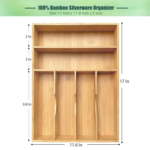guiogc Bamboo Kitchen Drawer Organizer, 11.6" W x 17" H Silverware Utensil Tray Holder, Wood Cutlery Tray for Silverware, Flatware, Bedroom, Organization of office supplies - size: 11.6"Wx17"D(6-Slots)