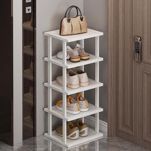 SAN HE Bamboo Shoe Rack 5Tier- Vertical White Shoe Rack for Small Spaces, Tall Narrow Shoe Rack Organizer for Closet Entryway Corner Garage and Bedroom,Skinny Shoe Shelf with Free Stackable DIY - color: White, size: 5-tier