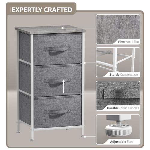 Sorbus Nightstand with 3 Drawers - Bedside Furniture & Night Stand End Table Dresser with Steel Frame, Wood Top, Easy Pull Fabric Bins for Home, Bedroom Accessories, Office & Dorm - color: Grey, style: 3 Drawer
