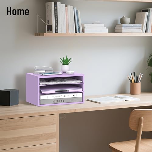 Wood Desk Organizer, 3 Tier Paper Tray Organizer for Desk with Adjustable Storage Shelves, Desktop File Organization Paper Sorter Mail Holder for Office Home Classroom, Purple - color: Purple, size: 3 Tier