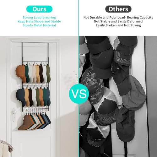 HapiRm Over Door Hat Rack - 3 Tier Wall Mounted Hat Organizer with 16 Hooks and 10 Movable Clips, Baseball Cap Organizer Storage Holds up to 26 Caps for Door, Bedroom, Closet USPTO Patent Pending - color: Black, size: 3 Tier