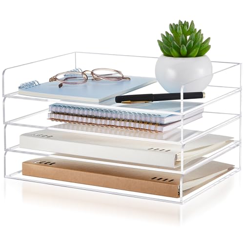 Harloon 4 Tier Paper Organizer Letter Tray Acrylic Desk File Organizer Heavy Duty Stackable Documents Clear Letter Paper Holder Sorter Office Tray for A4, Office Classroom Home File Pad Notebooks - color: Transparent, size: 12.4 x 8.9 x 1.7 Inches