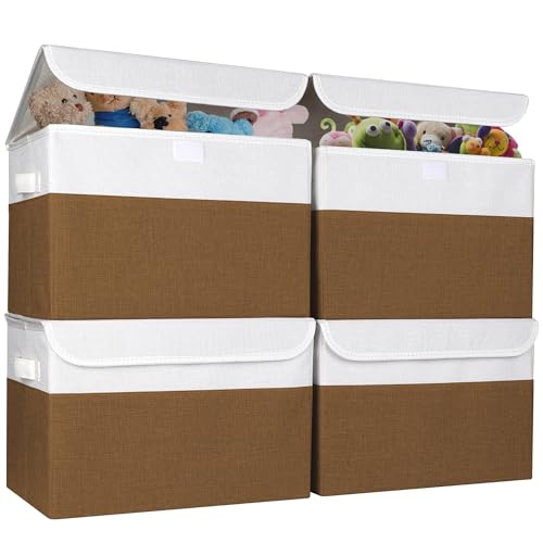 Bagnizer Large 22 Quart Linen Fabric Foldable Storage Bin Cube Organizer Basket with Flip-Top Lid & Handles, Clothes Blanket Box for Home, Office, Closet, Brown & White, 4 Pack 14.6 x 9.5 x 9.5 - color: Brown & White, size: Medium - 4 Pack
