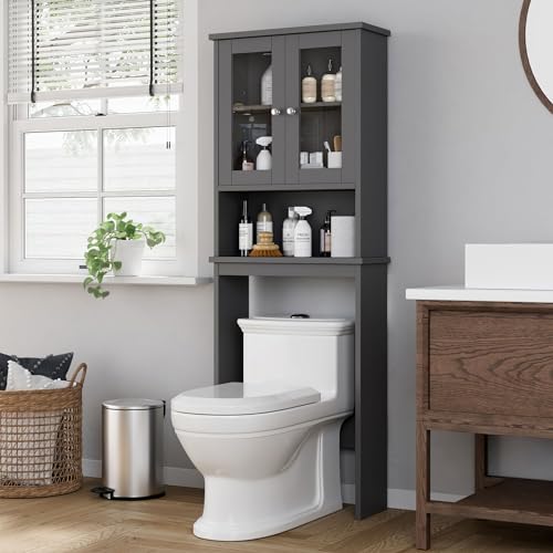 Shintenchi Over the Toilet Storage Cabinet, Bathroom Shelf Organizer with Anti-Tip Device Small Freestanding Space Saver with Adjustable Shelf and Glass Door, Gray - color: Grey, size: Glass Door