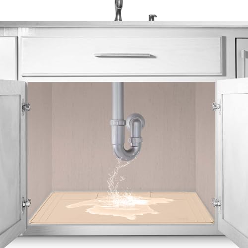 The Original Under Sink Mat - Silicone Waterproof mat, Trimmable, Easy to Clean, Kitchen cabinet liner, Under sink protector mats, Drip Tray with Lip - 28" x 19" or smaller - color: Beige, size: 28" x 19"