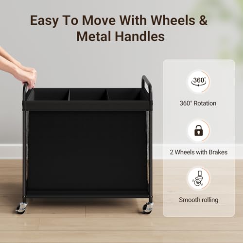 ELYKEN Laundry Hamper 3 Section, 120L Rolling Laundry Sorter with Removable Liner Bag, Laundry Basket with Wheels, Steel Frame with Metal Handle, Clothes Hamper Cart for Laundry Room & Bedroom - color: Black, size: 3-Section