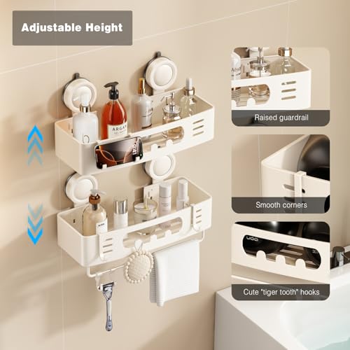 Voldra Shower Caddy Suction Cup, Shower Shelves for Inside Shower No Drilling, Aluminum Suction Showers Organizer for Wall with Towel Bar & Hooks Removable Bathroom Storage Rack (2 Pack-Cream White) - color: Cream White-Rectangle, size: 2 Pack