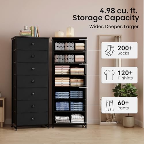 Crestlive Products Tall Dresser, 7-Drawer Fabric Storage Tower, Chests of Drawers - Vertical Organizer Unit for Bedroom, Hallway, Entryway, Nursery, Closets - Steel Frame, Wood Top & Handles (Black) - color: Black, style: Narrow-7 Drawers