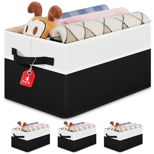 Large Shelf Storage Bins [4 Pack],Decorative Collapsible Storage Basket,Fabric Closet Organizer and Home Storage Cubes with Handles for Organizing Books, Clothes, Toys, Nursery（Black） - color: Black 4 Pack