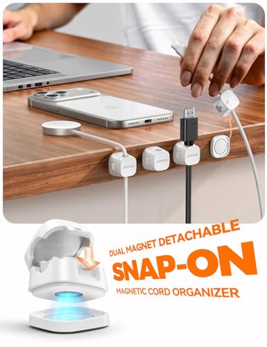 JOYROOM Detachable Magnetic Cord Organizer w/Secure Snap-Lock, 2-in-1 Adhesive& Magnetic Cable Clips, Auto-Fit Spring Management for φ1.5~8mm Cables, Under Desk Nightstand Home Office Car Wire Keeper