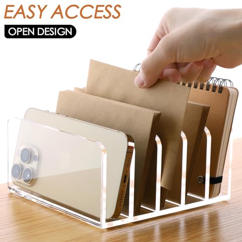 SANRUI Acrylic Desk Organizer, 5 Compartments Mail Organizer,Small File Holders Letter Organizer,Clear Office Organization,Multifunction Sorter Envelope Rack for Office,Home, School - style: 5 Sections