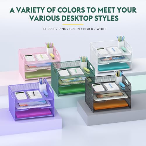 Samstar 3 Tier Green Letter Tray Paper Organizer with Handle, Mesh Desk Organizer Paper Sorter File Rack Shelves, Green - color: Green