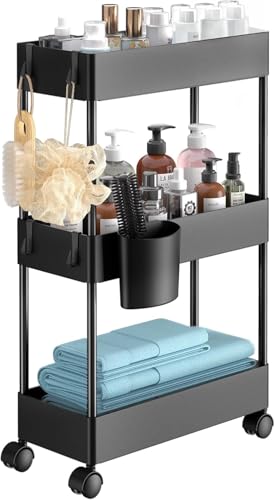 Pipishell Slim Storage Cart with Wheels - 3 Tier Bathroom Organizers and Storage Cart - Rolling Carts for Bathroom, Kitchen, Narrow Space, Laundry Room,Black - color: Black, size: 3-Tier