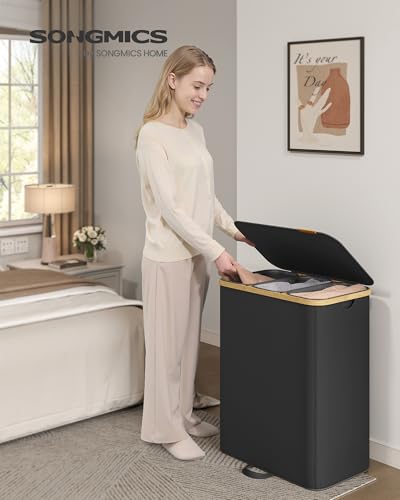 SONGMICS Laundry Hamper, Laundry Sorter with Lid, Storage Basket Bin, Removable Liners, Bamboo Frame, for Bedroom, 3 Sections, 44.9 Gal. (170 L), Ink Black ULCB533BH01 - color: Ink Black, size: 170 L (3-Section)
